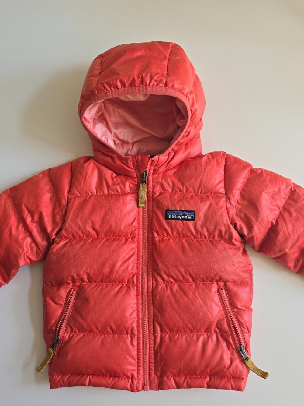 Patagonia Baby Hi-Loft Down winter jacket, hooded in Coral Pink, great condition